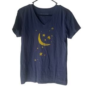 Life Is Good Women Size Small Blue V Neck Moon Stars Short Slv Shirt Crusher Tee